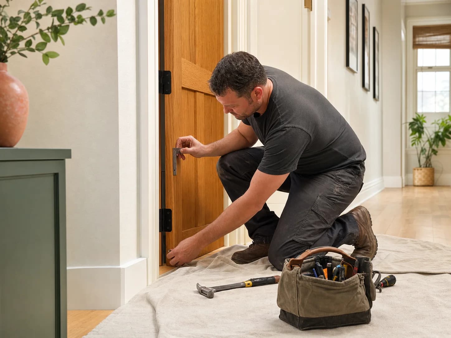 Organized handyman checking an interior door repair