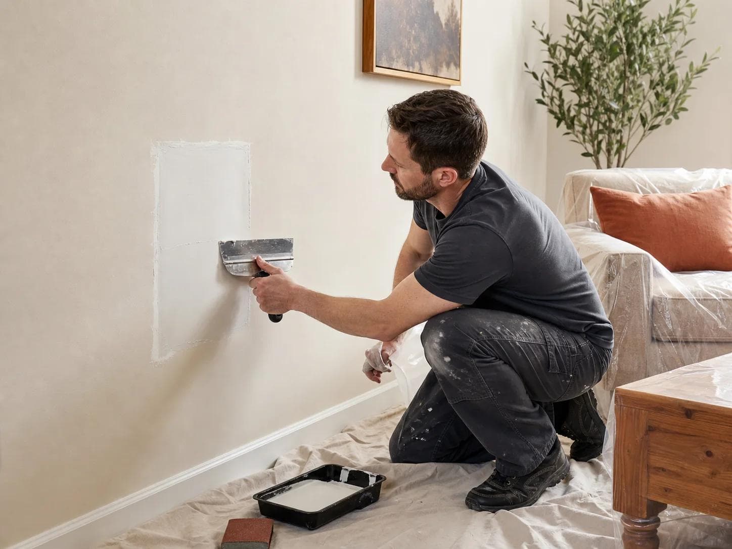 Handyman smoothing a drywall patch before an interior paint touch-up