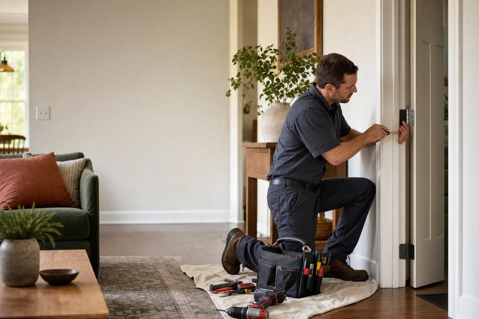 Handyman carefully adjusting an interior door in a Lawrenceville-area home