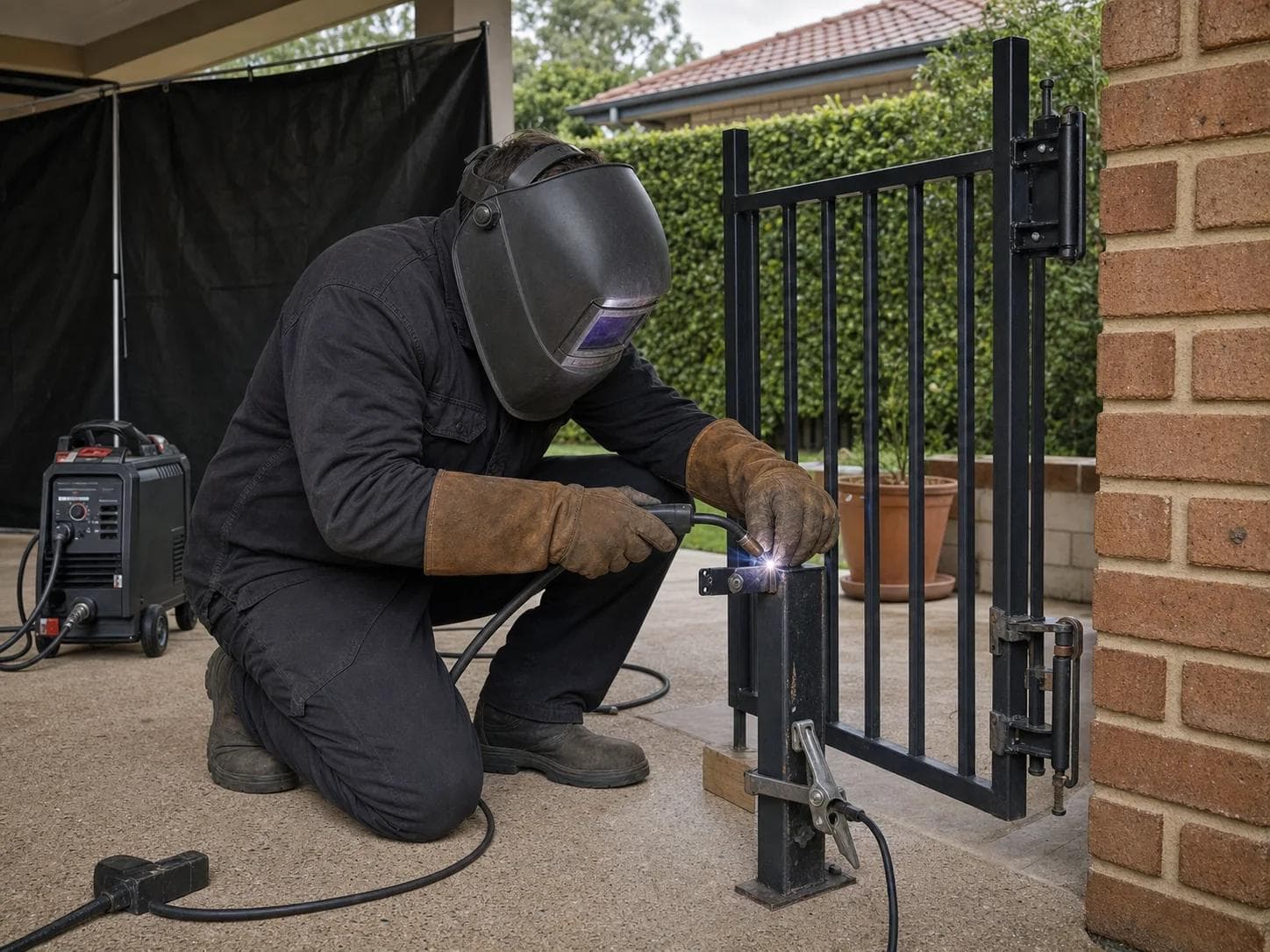 Welder wearing full protective equipment repairing a residential steel gate