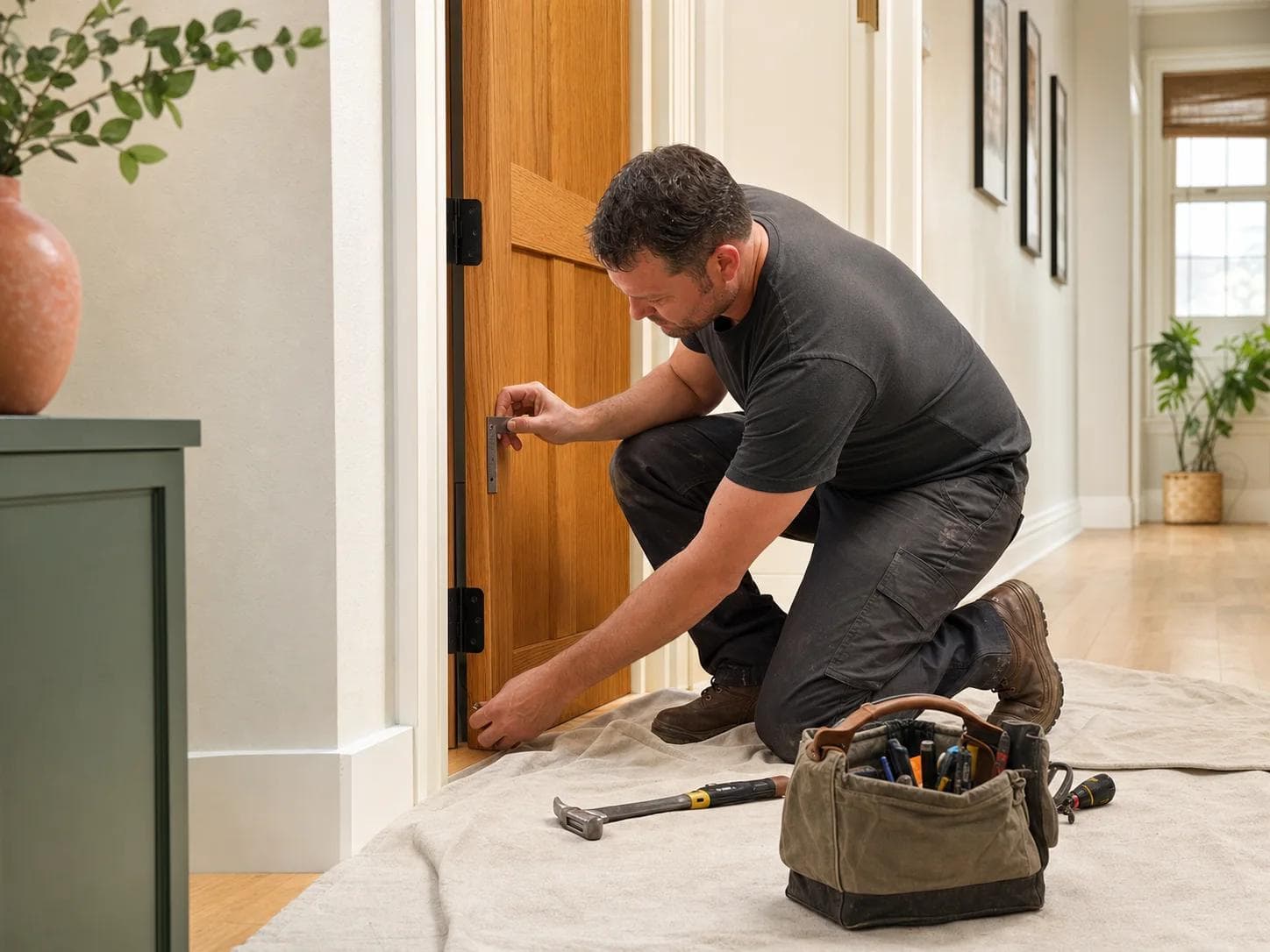 Handyman adjusting an interior wood door and checking its hinge