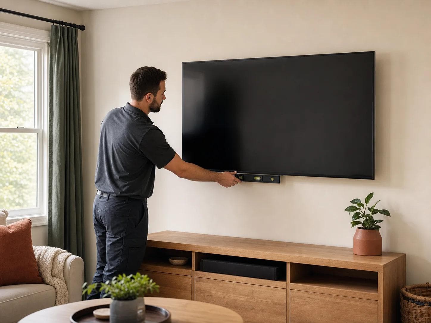 Handyman leveling a wall-mounted television in a family room