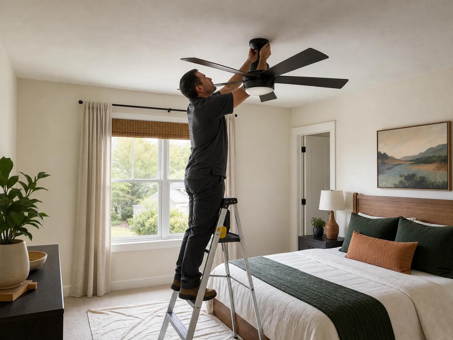 Handyman installing a ceiling fan with light in a bedroom