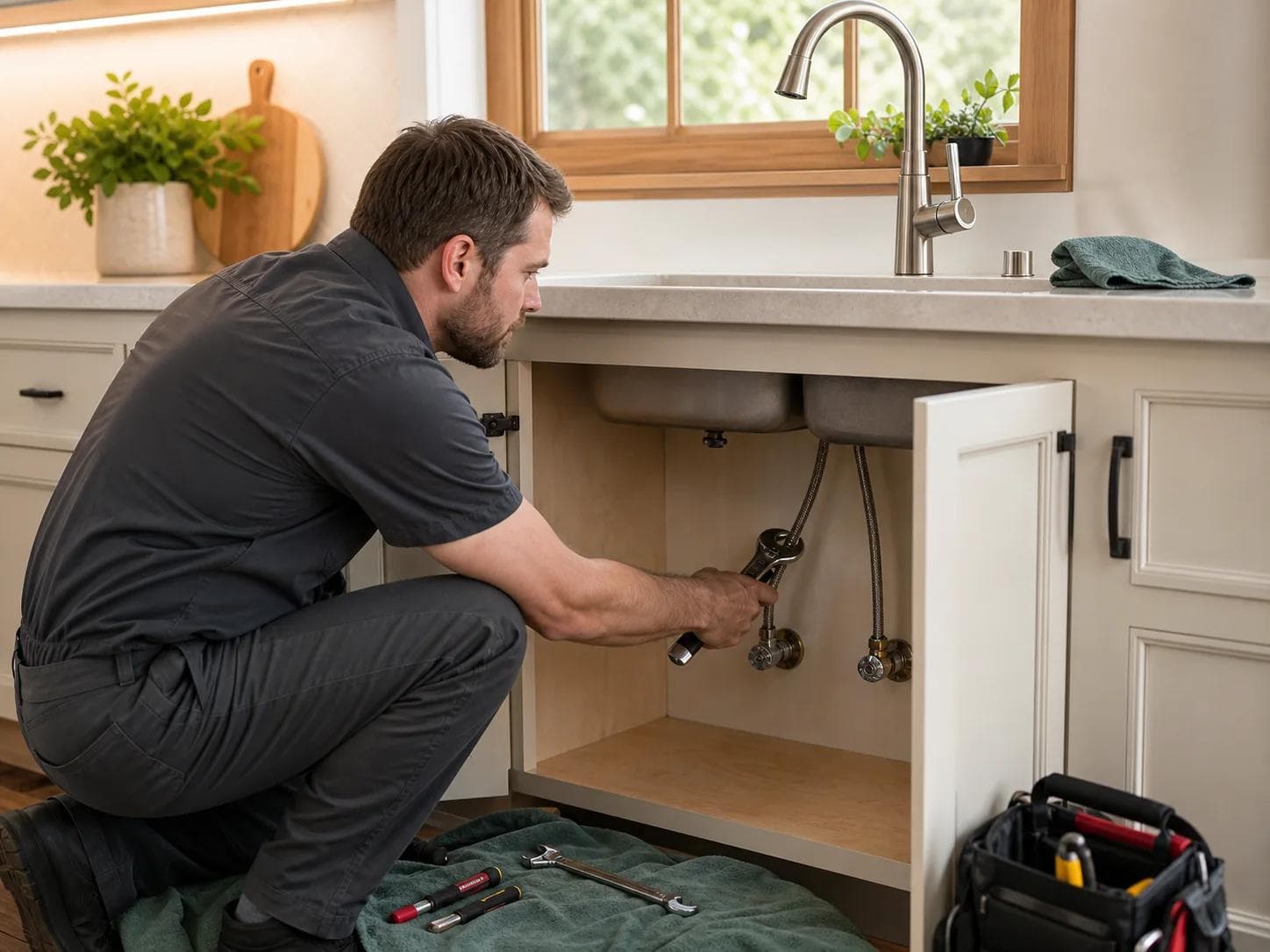 Handyman checking faucet supply connections beneath a kitchen sink