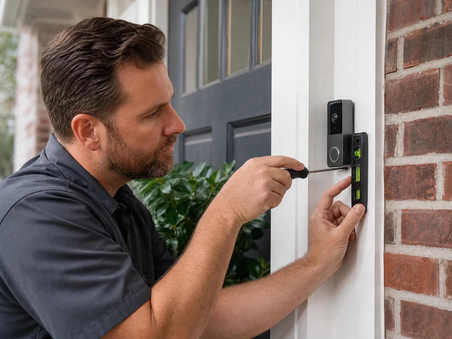 Unbranded wired video doorbell being aligned beside a front door